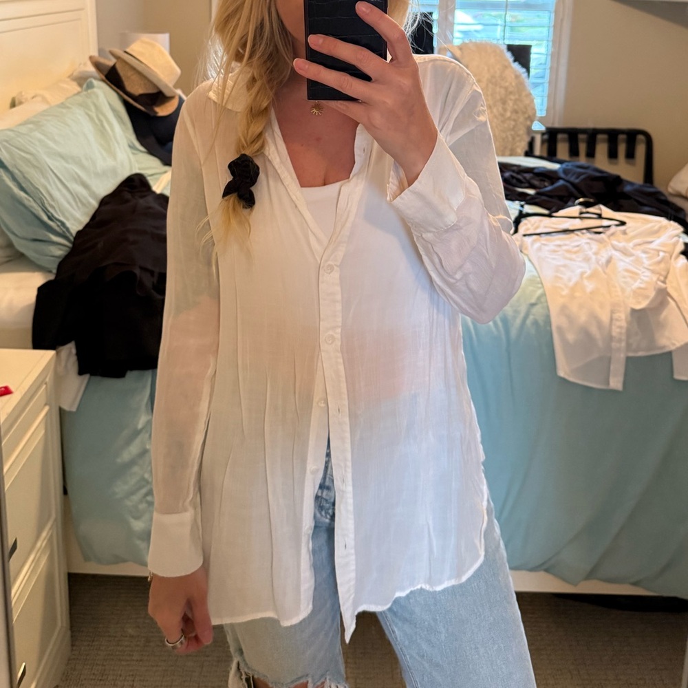 White Sheer Button Down Blouse Lightweight Beach Cover Up Shirt Medium - Picture 4 of 11